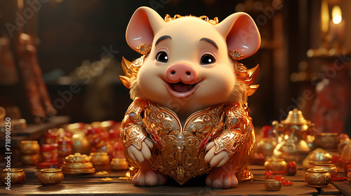 The Golden pig funny piglet a symbol of the Chinese photo