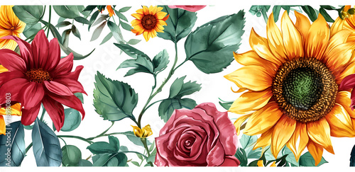 A colorful flower arrangement with a sunflower in the center. The arrangement is full of bright colors, Watercolor Seamless pattern