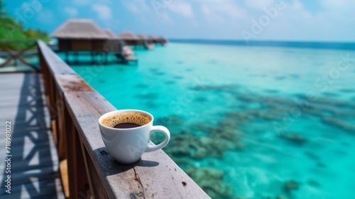 A cup of cappuccino with the Maldives in the background. Morning on a tropical beach with palm trees and bungalows.