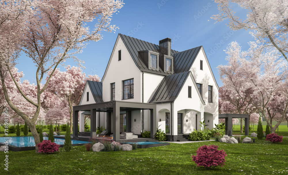 3d rendering of cute cozy white and black modern Tudor style house with parking and pool for sale or rent. Fresh spring day with a blooming trees with flowers of sakura. 3d rendering of cute cozy white and black modern Tudor style house with parking and pool for sale or rent. Fresh spring day with a blooming trees with flowers of sakura.