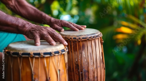 Men's hands play an ethnic drum. The concept of a live music concert, as well as African drumming lessons. photo