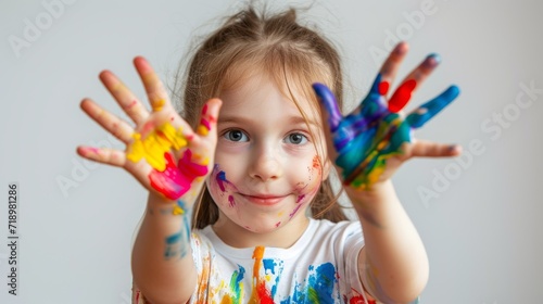 A child with his hands covered in paint after a creative master class. Developing creativity through drawing in a non-standard way.