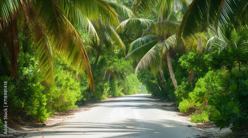 Sandy road among tropical leaves and trees. Nature on an island in the tropics.
