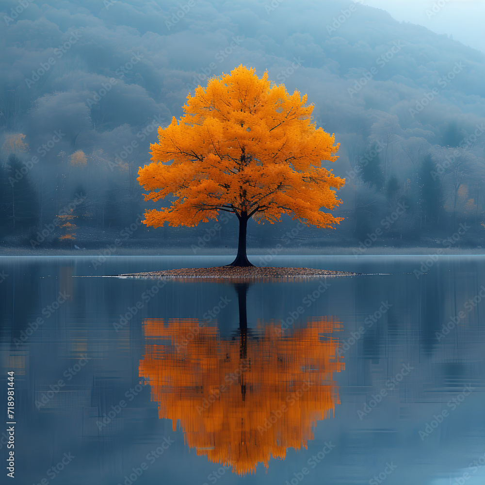 tree on the lake in the fog, minimalistic nature view