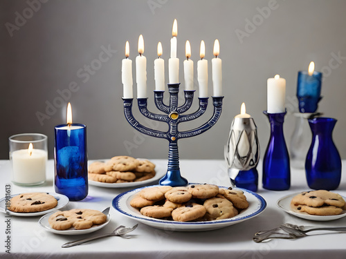 menorah on table with nine lighted candles