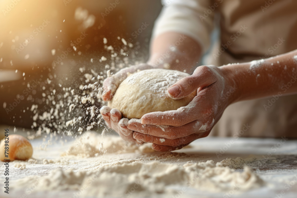 Baker chef is making with flour loaf of dough. Kneading dough. Generative AI