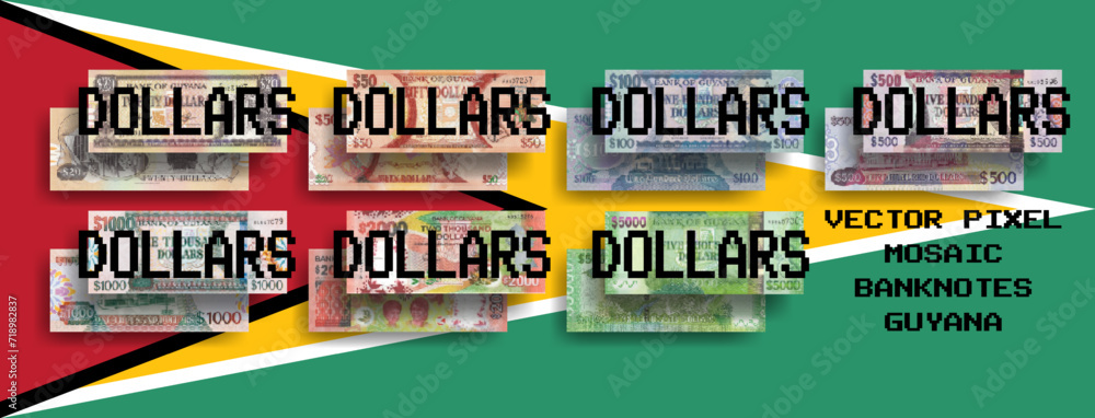 Vector set of pixel mosaic banknotes of Guyana. Collection of notes in denominations of 20, 50, 100, 500, 1000, 2000 and 5000 dollars. Obverse and reverse. Play money or flyers. - obrazy, fototapety, plakaty 