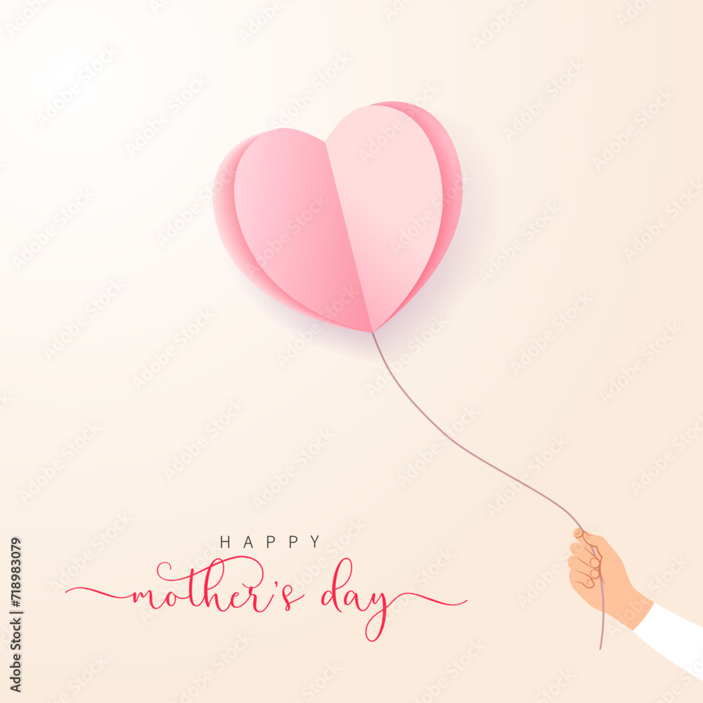 Happy Mothers Day, hand with flying paper heart balloon. Vector illustration