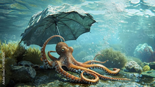 Little octopus in pink colors standing with umbrella underwater