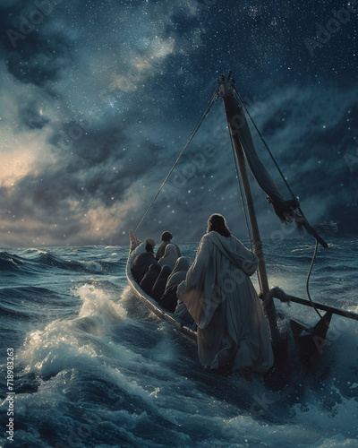 Illustration of Jesus walking on water and the disciples in the boat generated by AI