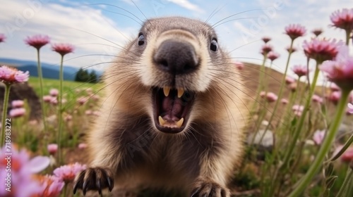 Wallpaper Mural Cute alpine marmot, groundhog standing on its paws. screams and whistling after ibernation on springtime. Groundhog day Torontodigital.ca