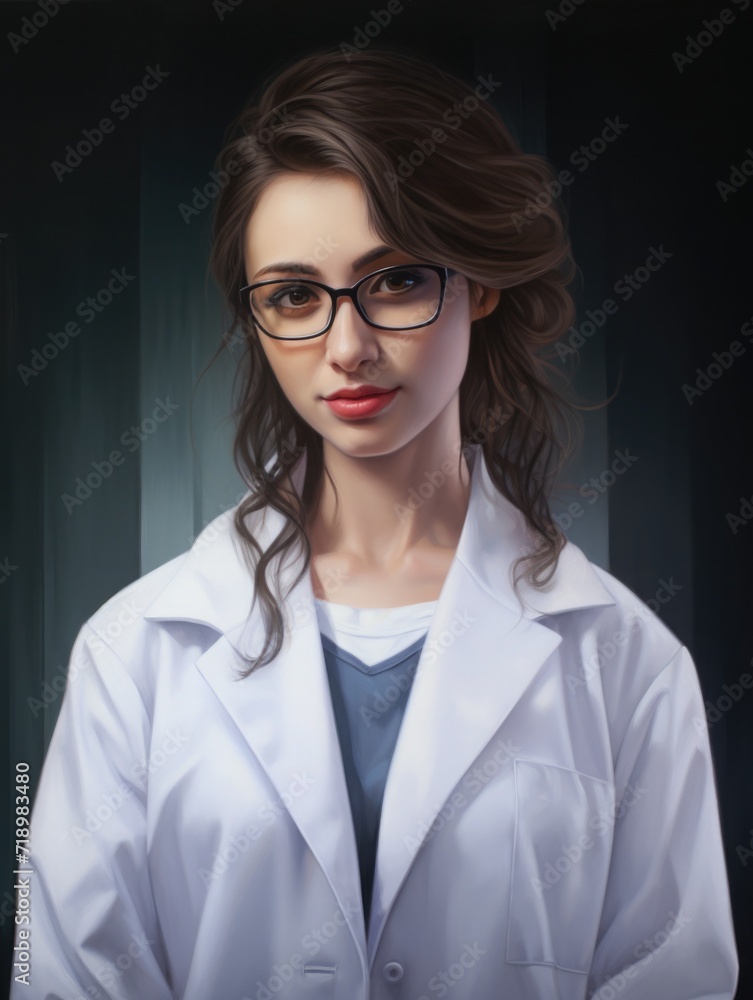 woman student scientist or doctor, wearing a white gown, standing. science and study. portrait one person woman student scientist or doctor, wearing a white gown, standing. science and study. portrait one person