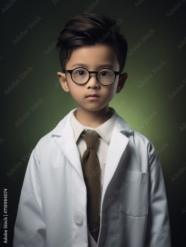 boy, child student scientist or doctor, wearing a white gown, standing. science and study. portrait one person boy, child student scientist or doctor, wearing a white gown, standing. science and study. portrait one person