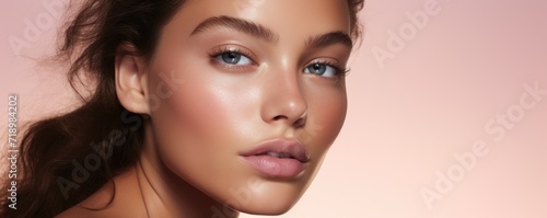 Portrait of young beauty, as a skincare campaign with pink gradient background © Daniela