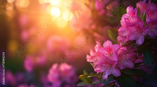 Attractive summer sunset with pink flowers