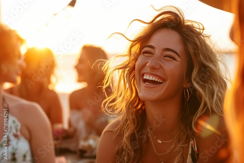 woman with sun-kissed skin and beachy waves in her hair, Laughing with friends at a beach party, 