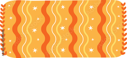 Vibrant orange wavy lines and stars on a golden background, modern abstract. Hearts border adding a playful, decorative touch to wave pattern.