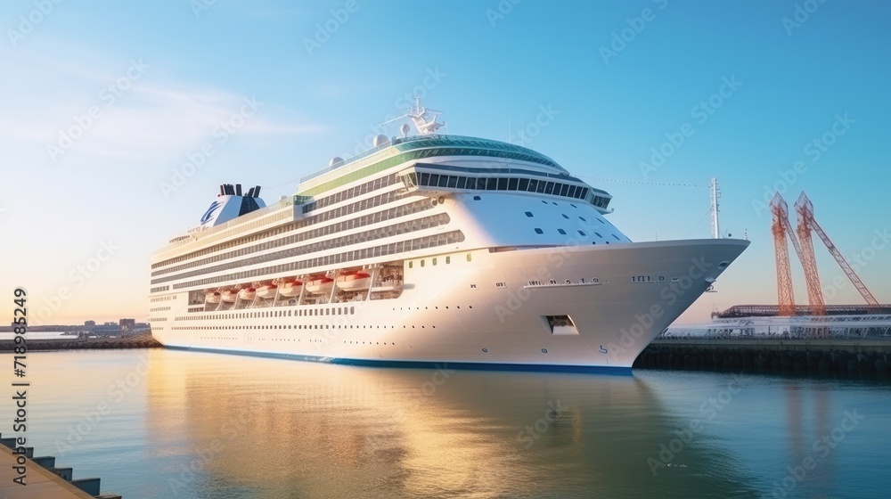 A modern, white cruise ship near the pier, side view. Travel and vacation