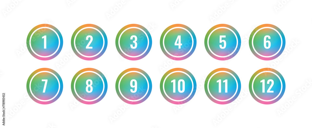 freeform gradient round buttons and numbers. 1-12 numbers. numbers in gradient circle. twelve step numbers freeform gradient round buttons and numbers. 1-12 numbers. numbers in gradient circle. twelve step numbers