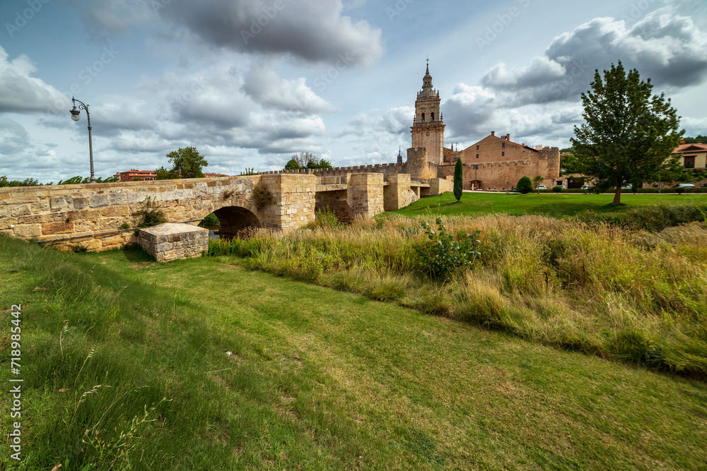 Bridge across the river Ucero and cathedral of Burgo de Osma. Soria. Spain. Europe.