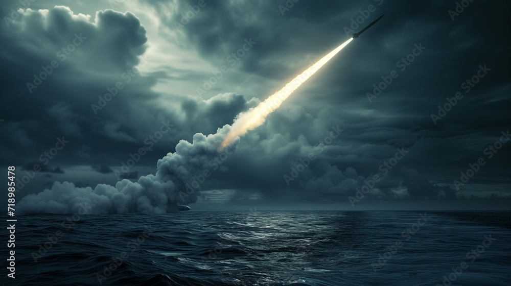 Warship or Submarine Launching Missile at Sea at Dusk. A naval warship or submarine firing a missile over the ocean under a dramatic evening sky, capturing a moment of military action.