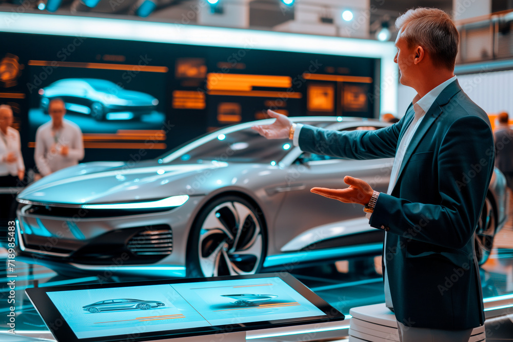 Futuristic Car Presentation. Salesman presenting a new electric vehicle at an automotive exhibition.