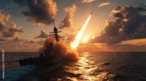 Naval Vessel Launching Missile at Sunset. Military ship on the sea launching a missile, with dramatic sunset and clouds in the background. photo