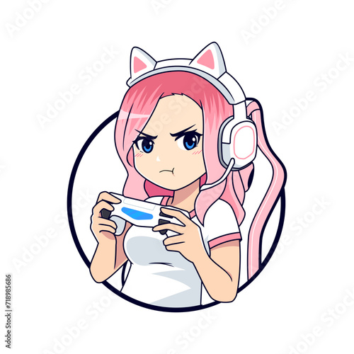 Pout face anime gamer girl esport gaming vector logo mascot