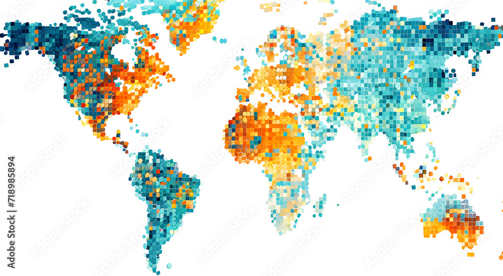 Fototapeta premium Vibrant Watercolor Map Silhouette, Square dot world map isolated