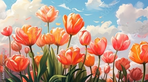 Bright tulips blooming in the garden against the blue sky and clouds