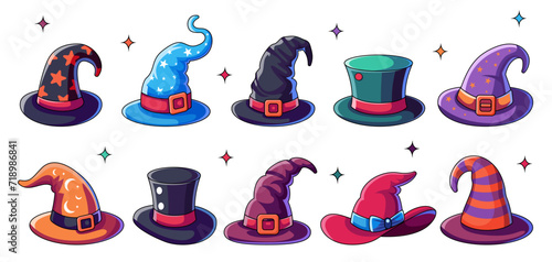 Collection of cartoon magic witch hats. Wizard striped and spooky hats vector illustrations set. Wizard caps for Halloween party costume. Vector cartoon set of fantasy old magician or sorceress hats.