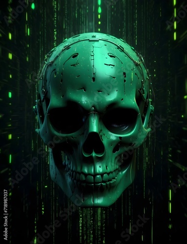 The Skull Illustration: A Hyperdetailed Matrix of Binary Brilliance with vibrant canvas illuminated by a cascade of dark green binary code Generated with AI photo