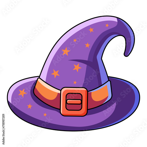 Purple wizard hat. Cartoon magic witch hat. Wizard cap for Halloween party costume. Vector cartoon illustration of fantasy old magician or sorceress hat.