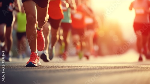 Close up photo of lower body of a group of runners running in a road race or marathon run contest