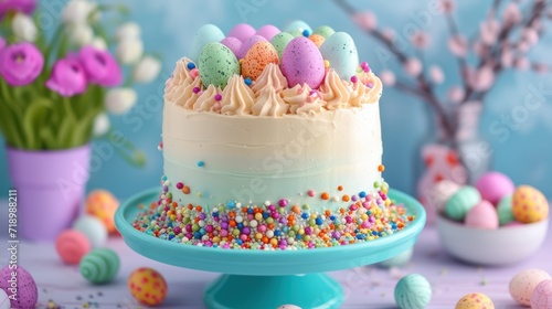  colorful Easter cake surrounded by an array of eggs  creating a joyful and celebratory atmosphere
