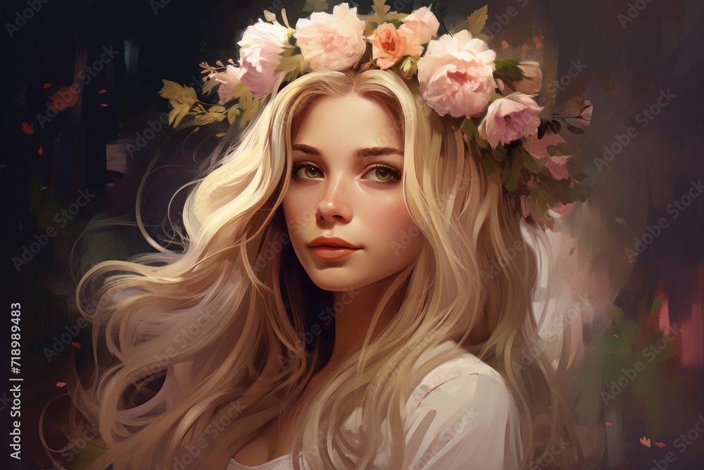 a beautiful young woman with long blonde hair wearing bohemian style clothing with flower crown, illustration