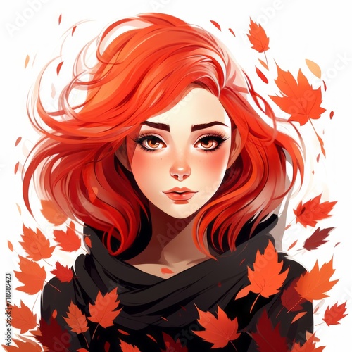 A girl with red shining eyes, a white-red hairstyle. Maple leaves are falling behind