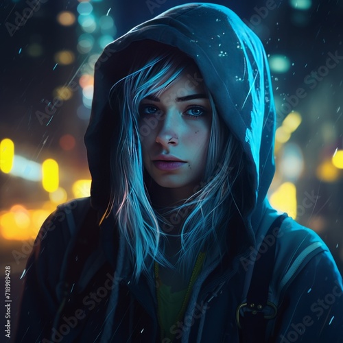 A girl with blue neon glowing eyes, in a hood with headphones, blue hair against the background of a night city