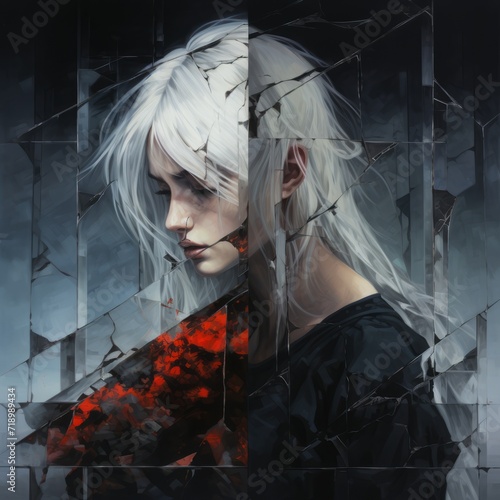 A girl with white hair in the reflection of a broken mirror