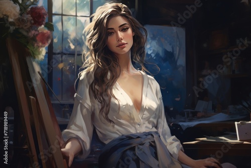 gorgeous woman intently creating art in studio wearing stylish outfit focused on painting, illustration