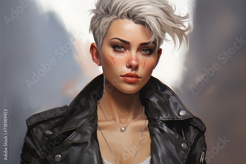 a strikingly attractive woman with punk style short hair, leather jacket, ripped jeans posing boldly, illustration