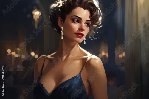 an elegant woman in an evening gown with an updo hairstyle and pearl earrings at a glamorous party, illustration