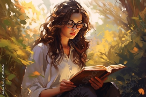 a pretty nerdy girl with glasses, mid length hair, enjoying book outdoors, illustration