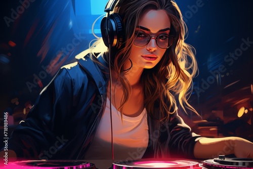 pretty DJ woman focused on turntables wearing headphones in zone
