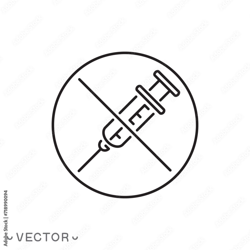 No drugs use icon, danger of dependence, addiction stop, forbidden enter syringe, thin line symbol isolated on white background, editable stroke eps 10 vector illustration No drugs use icon, danger of dependence, addiction stop, forbidden enter syringe, thin line symbol isolated on white background, editable stroke eps 10 vector illustration