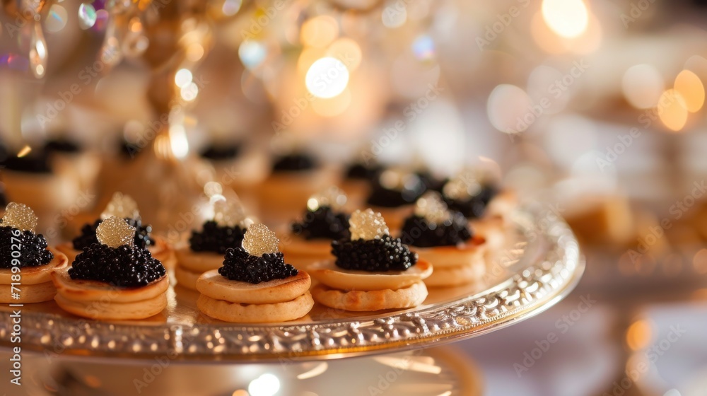 black caviar arranged flawlessly on a plate, creating a visually pleasing and refined catering food setting