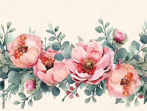 set di fiori rosa tipo peonie  e foglie verdi, bordo o ghirlanda, clip art per matrimonio su sfondo bianco scontornabile, colori tenui