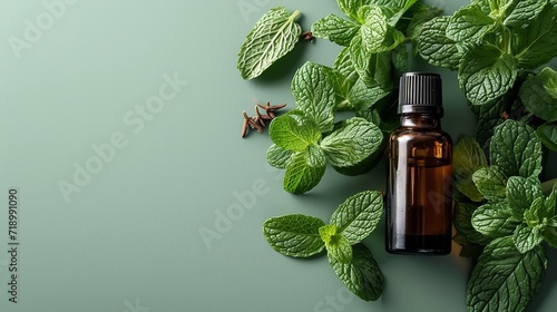 On a green backdrop featuring peppermint oil and peppermint leaf with overhead view, space, Generative AI. photo