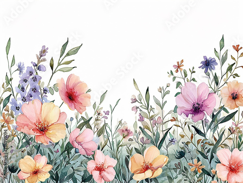 set di fiori di prato arcobaleno e bouquet di verde, bordo o ghirlanda, clip art per matrimonio su sfondo bianco scontornabile, colori tenui