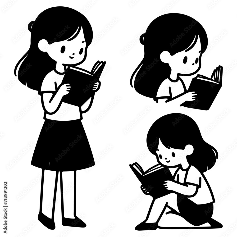 minimal a carton character flat child reading book vector silhouette minimal a carton character flat child reading book vector silhouette